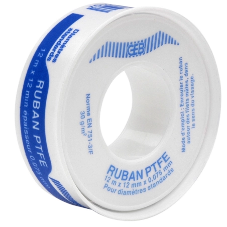 Ruban téflon 12mx12mm épaisseur 0,075 mm - diamètre standard