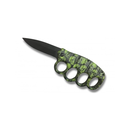 Couteau Poing Américain Green Skull Lame Pliante 10cm